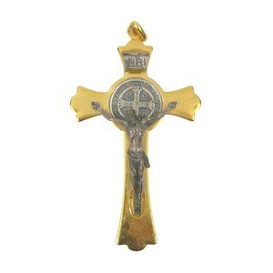 St. Benedict Cross Pendant ONLY 3.2 Inch Goldtone Eivs Obitv Nro Prae Sentia